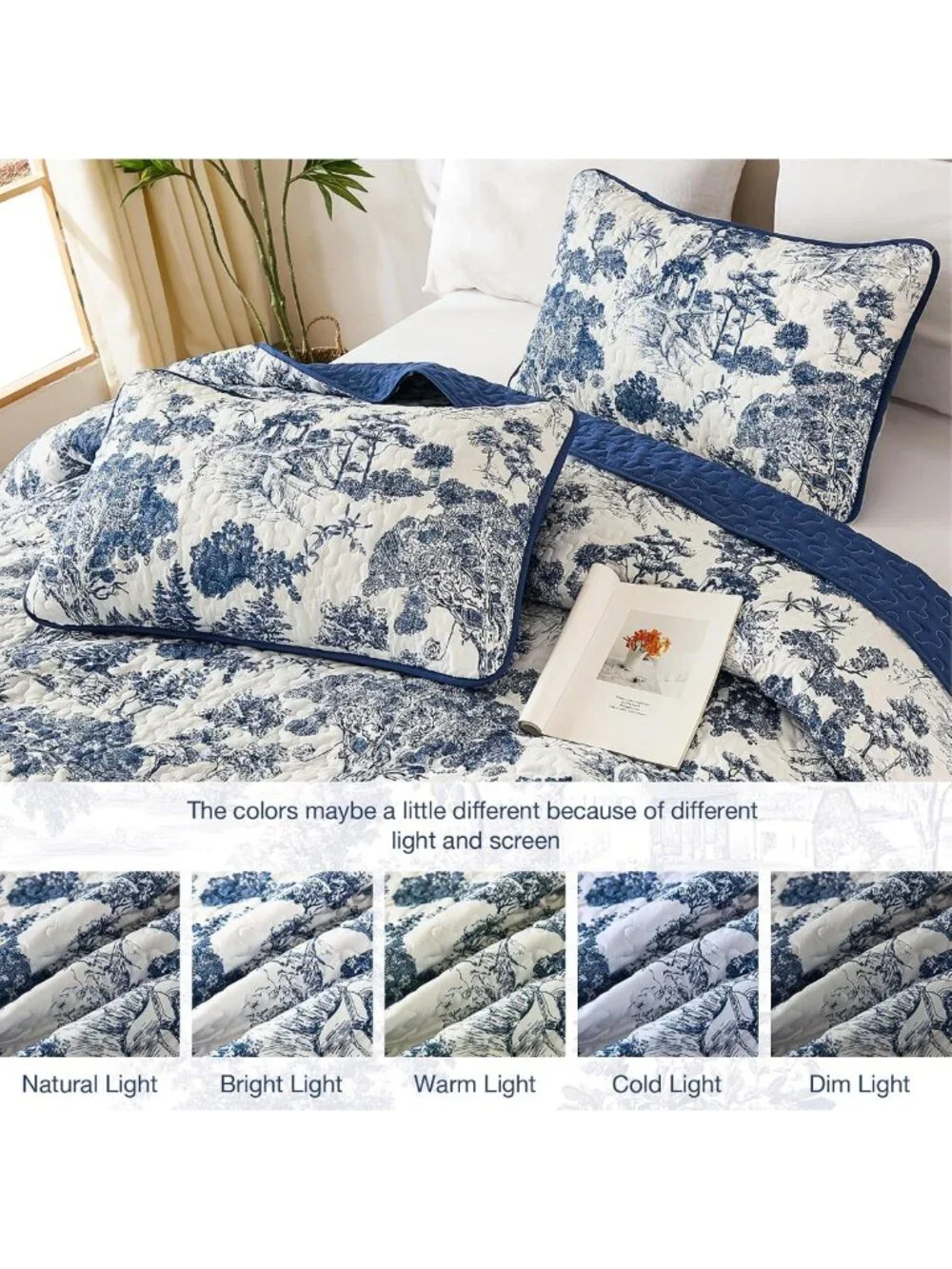 Botanical Floral Quilt Set King Size - Navy Blue Bedspread for Cozy Bedroom